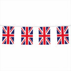 String of Union Jack flags on a white background