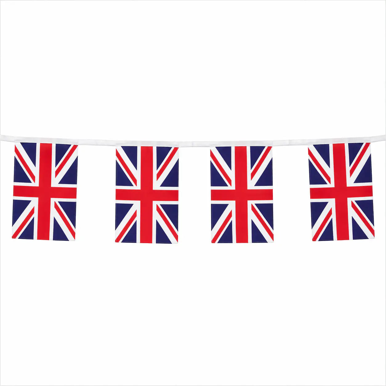 String of Union Jack flags on a white background