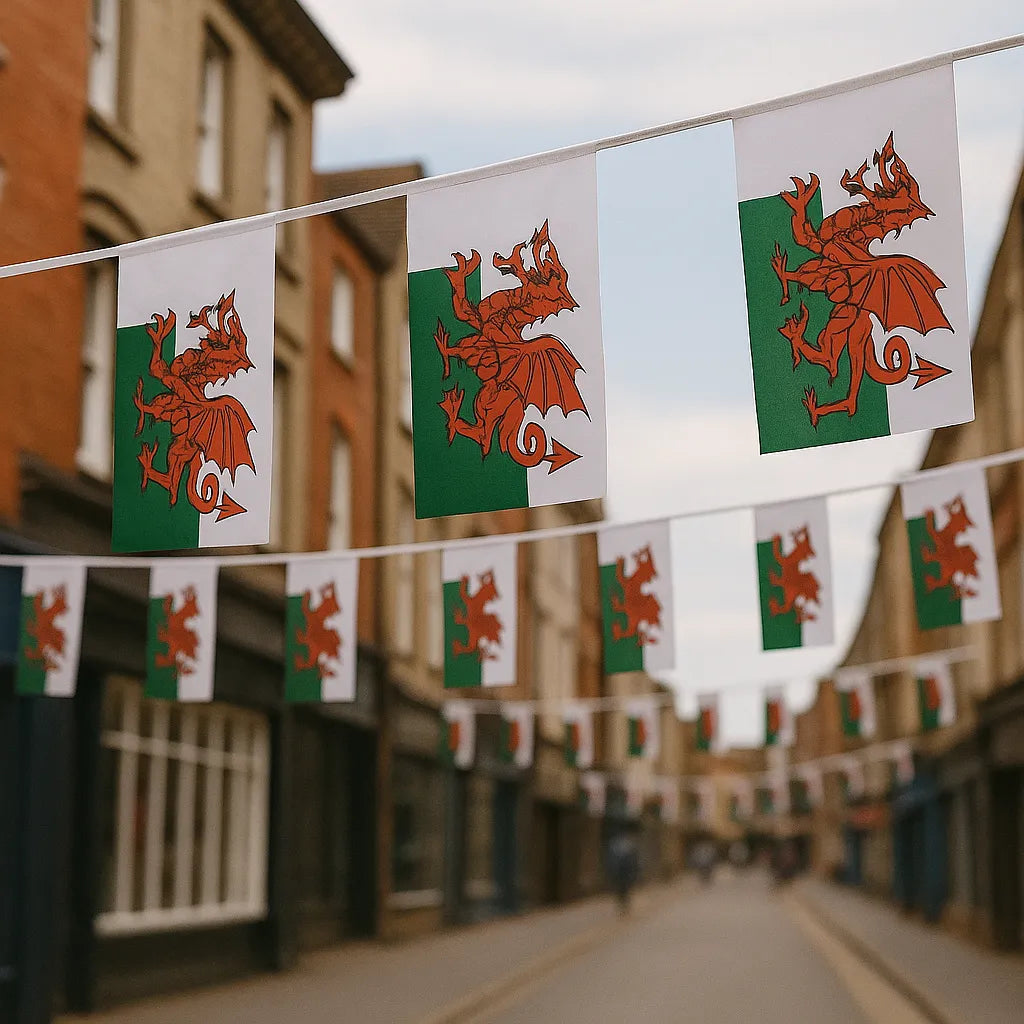 welsh dragon flag bunting flying in a high street setting