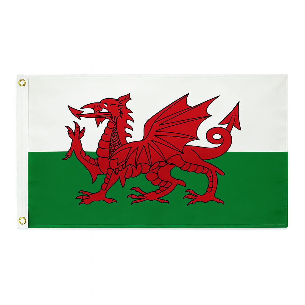 Flag with a red dragon on a green and white background