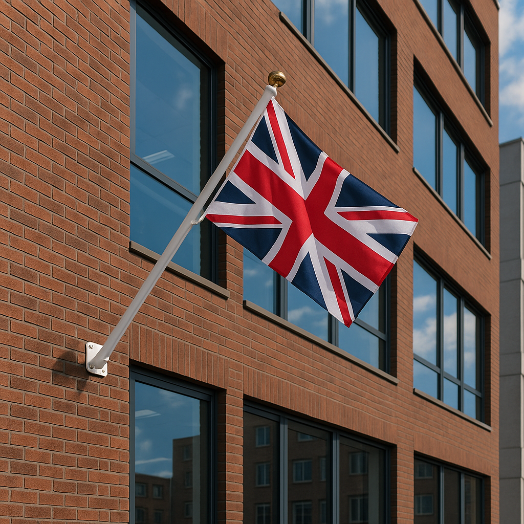 Union Jack flag mounted on a white aluminium wall-mounted flagpole fixed to the facade of a modern brick office building with large glass windows.