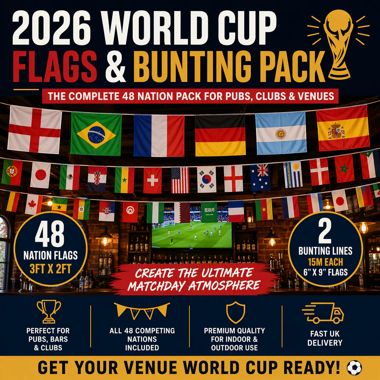 Complete 2026 World Cup Decoration Pack for Pubs, Bars & Venues - 3ft x 2ft Flags & Bunting