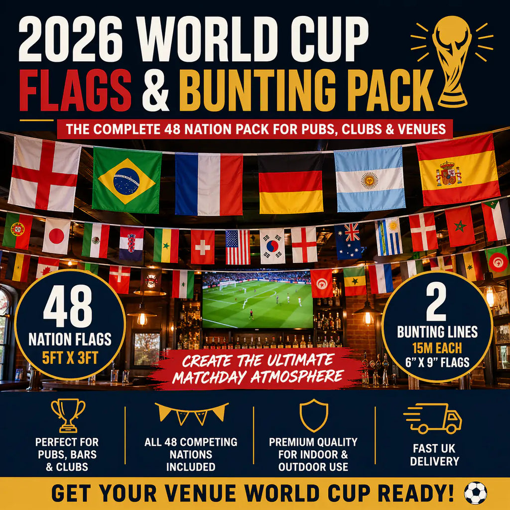 Complete 2026 World Cup Decoration Pack for Pubs, Bars & Venues - 5ft x 3ft Flags & Bunting