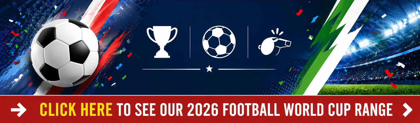 Promotional banner for 2026 Football World Cup range with soccer ball, trophy, and whistle on a colorful background.