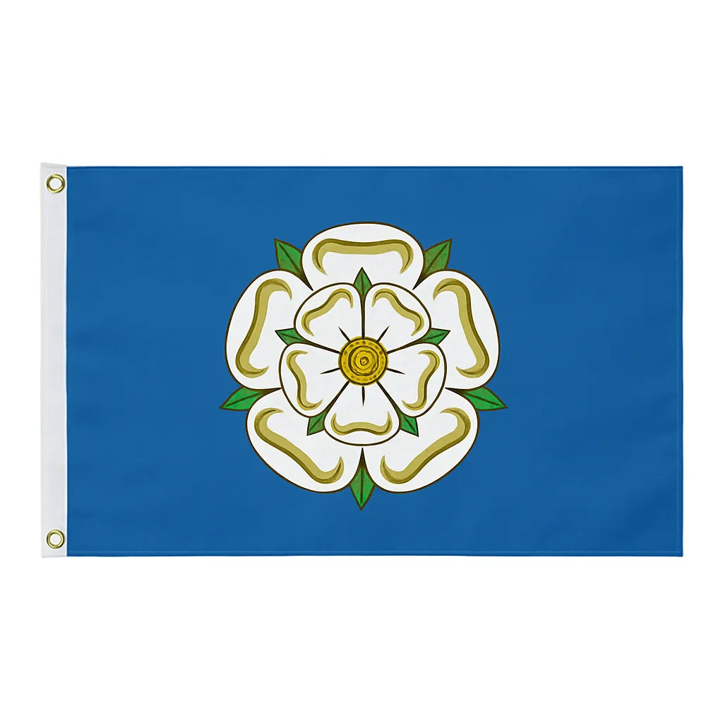 Yorkshire novelty flag featuring a white rose on a blue background, displayed with brass eyelets and white heading tape.