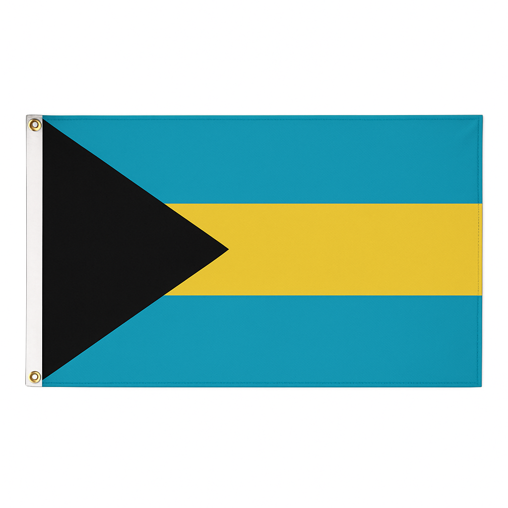 Bahamas novelty flag – aquamarine, gold, aquamarine with black triangle, brass eyelets, ships from the UK