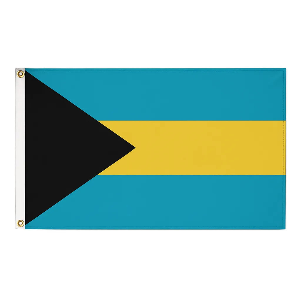 Bahamas novelty flag – aquamarine, gold, aquamarine with black triangle, brass eyelets, ships from the UK