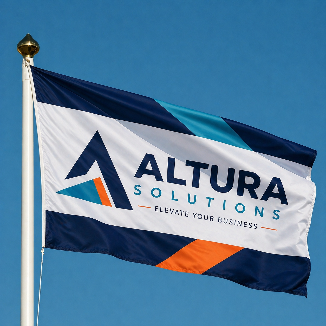 A custom Printed Flag with Altura Solutions logo against a clear blue sky