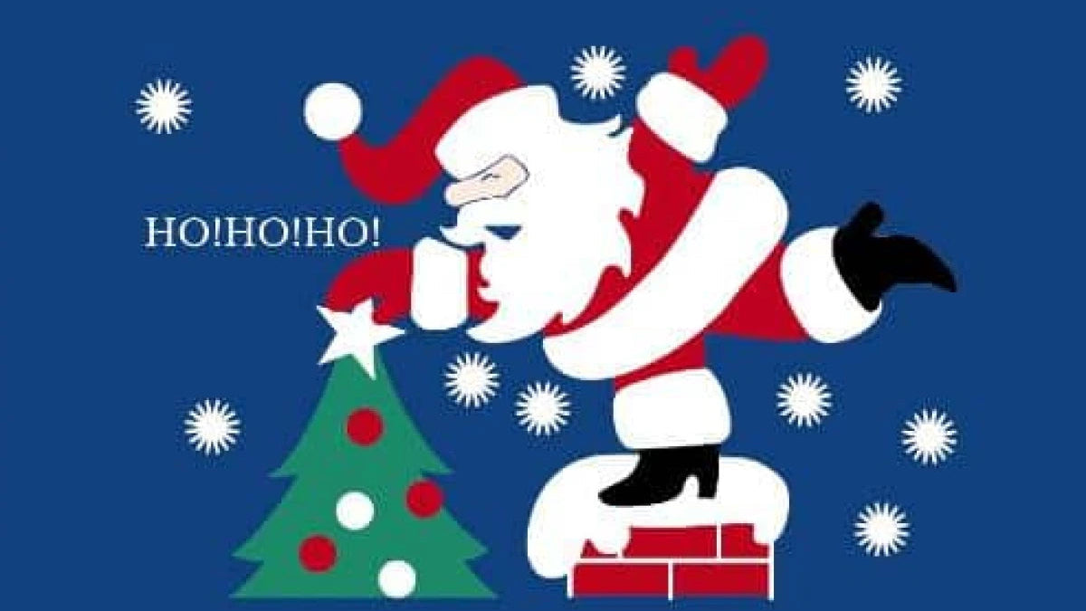Cartoon Santa Claus on a blue background with Christmas tree and snowflakes.
