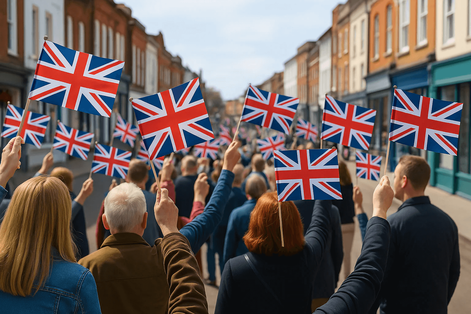 Handwaving flags in a high street setting