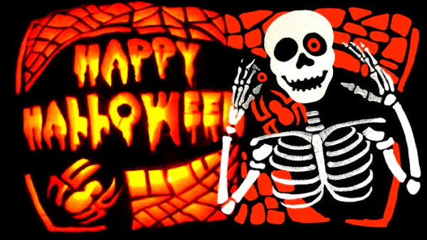 Halloween-themed design with skeleton and 'Happy Halloween' text on a black background.