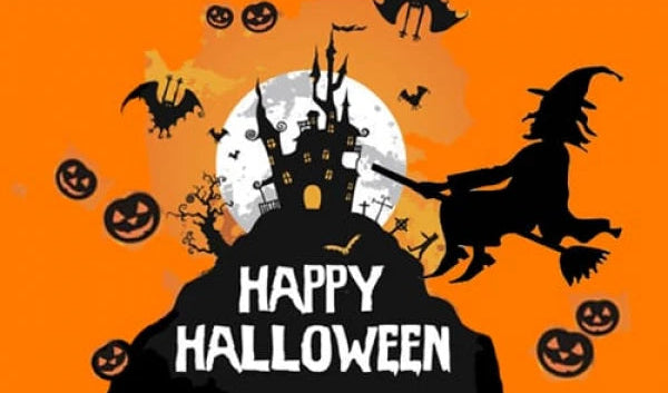 Halloween-themed design with a witch, pumpkins, bats, and a castle on an orange background.