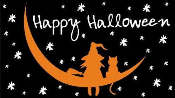 Halloween-themed design with a witch and cat on an orange moon against a black background with white stars.