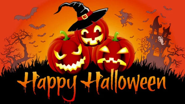 Halloween-themed banner with pumpkins, a witch hat, and 'Happy Halloween' text on an orange and black background.