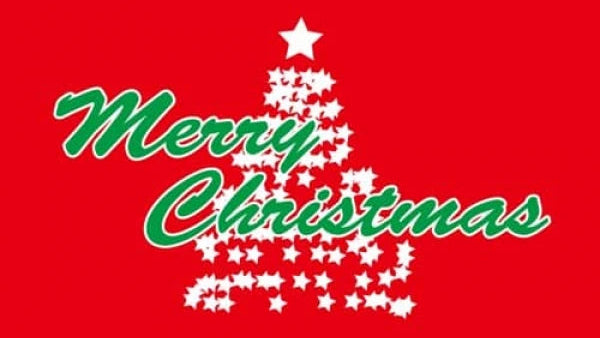 Red background with 'Merry Christmas' text and a white Christmas tree design.