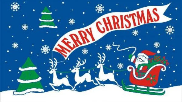 Christmas-themed banner with Santa Claus, reindeer, and trees on a blue background.