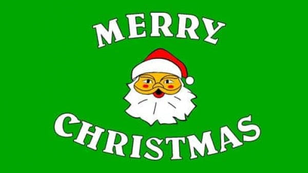Merry Christmas text with a Santa Claus graphic on a green background