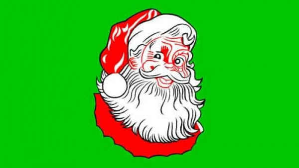 Cartoon Santa Claus face on a green and white background