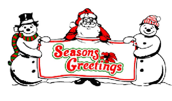 Cartoon Santa Claus with two snowmen holding a 'Seasons Greetings' sign.